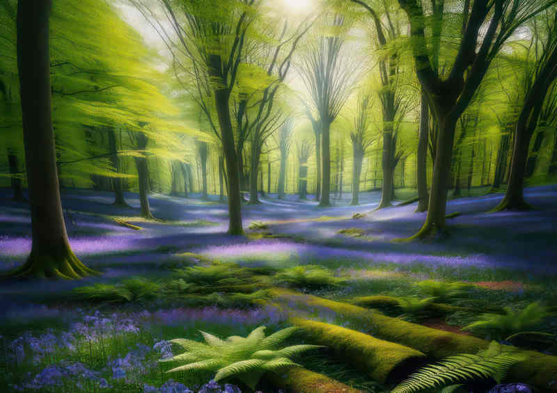 Bluebell field with green trees and sun shining through