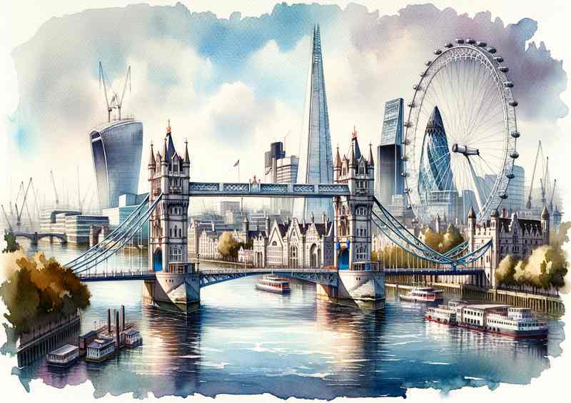 Watercolour London The River Thames flows gracefully