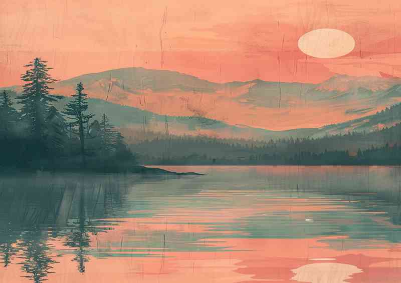 Watercolour mountains by the lake and setting sun