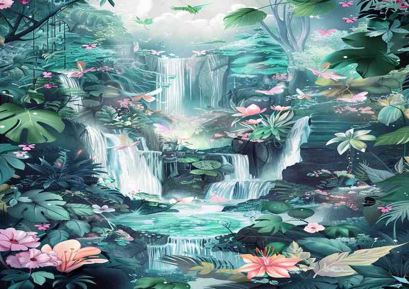 Whimsical watercolor butterflies and waterfalls