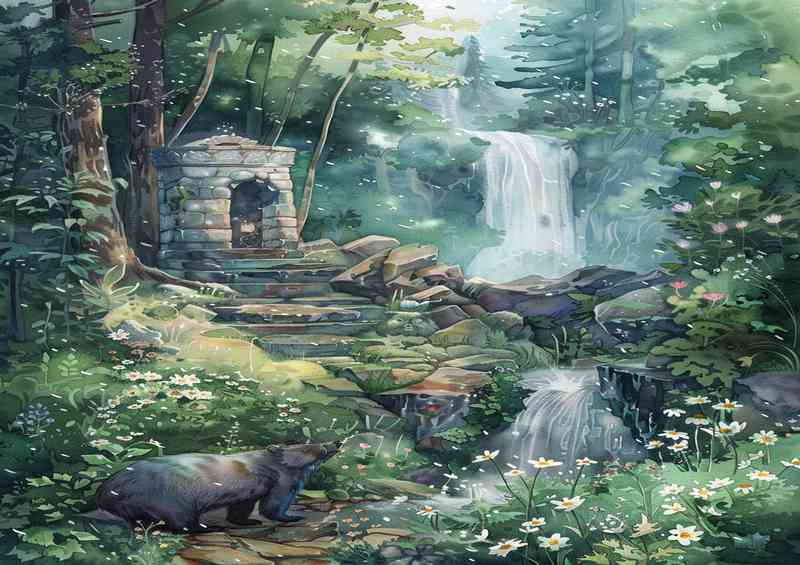 Whimsical watercolor of the bear and the waterfall