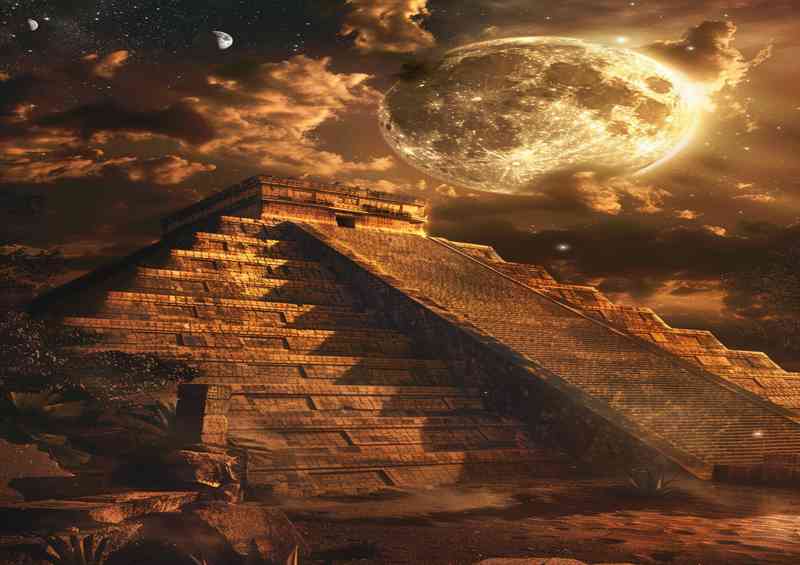 Egyptian pyramid with the moon above at night
