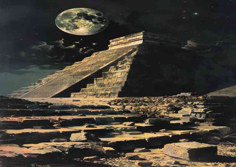 Egyptian pyramid with the moon so bright