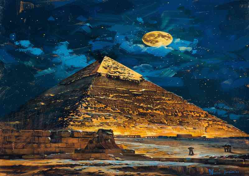 The pyramid at night with full moon