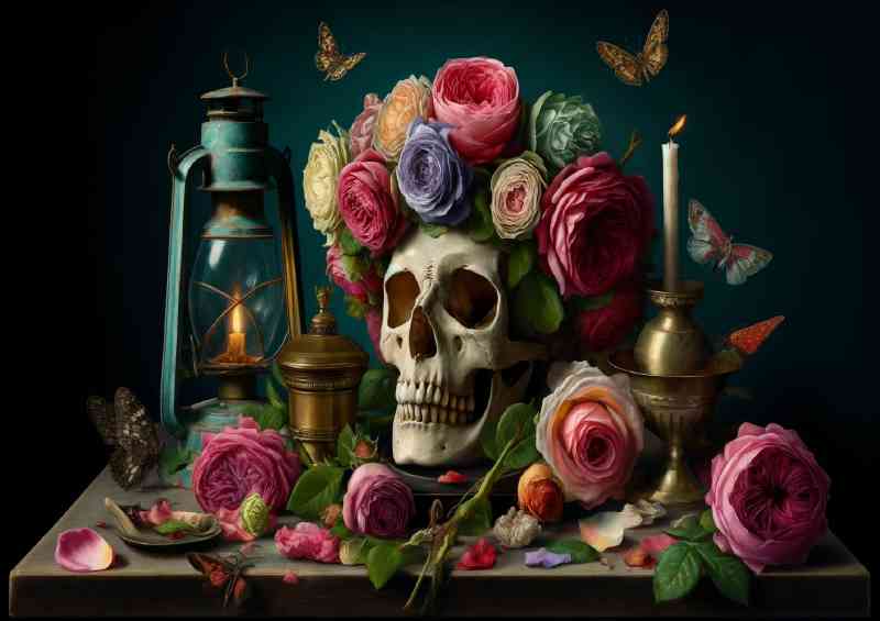Skull crowned with a garland of lush vibrant roses
