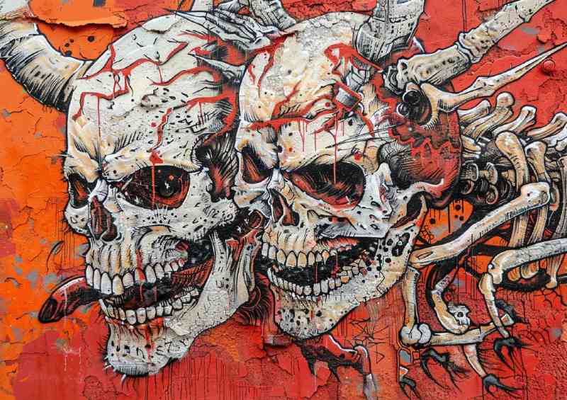 Street art devils on a skeleton skull
