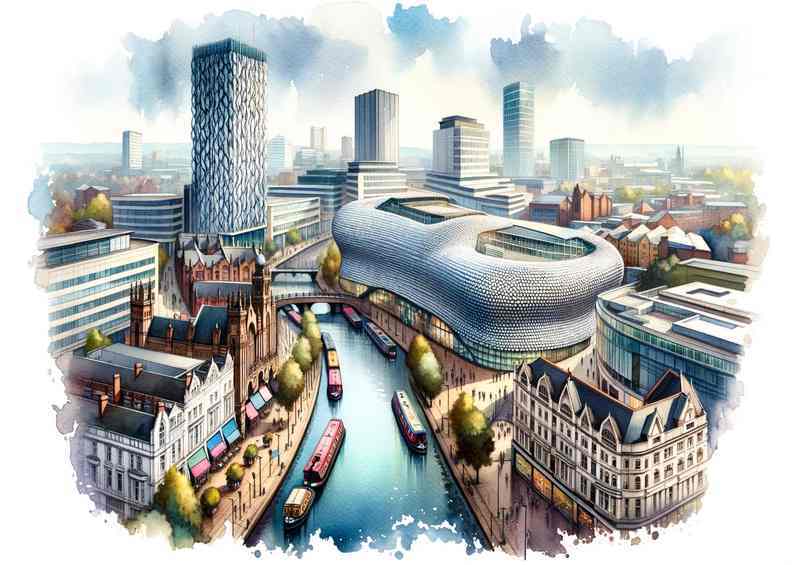 Watercolour Painting of Birmingham The citys skyline