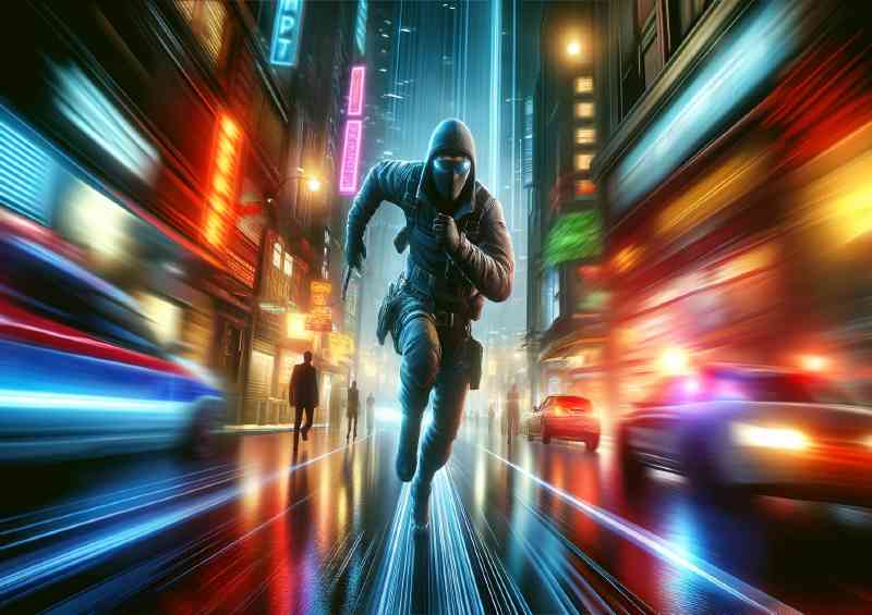 Action packed chase through a bustling metropolis at dusk