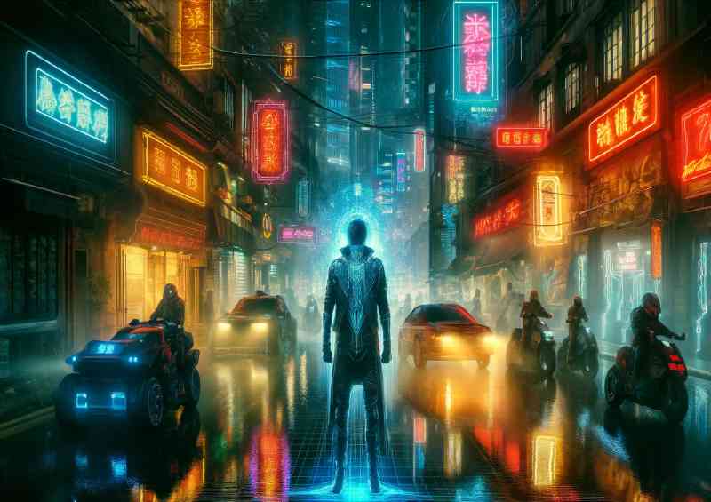 Cyberpunk street scene at night, bustling with futuristic vehicles