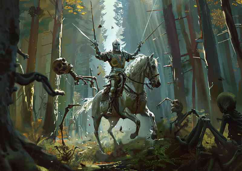 Knight in shining armor rides in forest