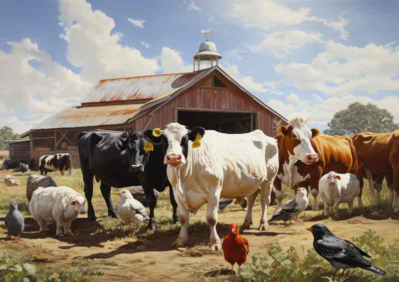 Cattle And Chickins On The Farm