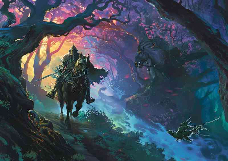 Knight on horseback rides through an enchanted forest