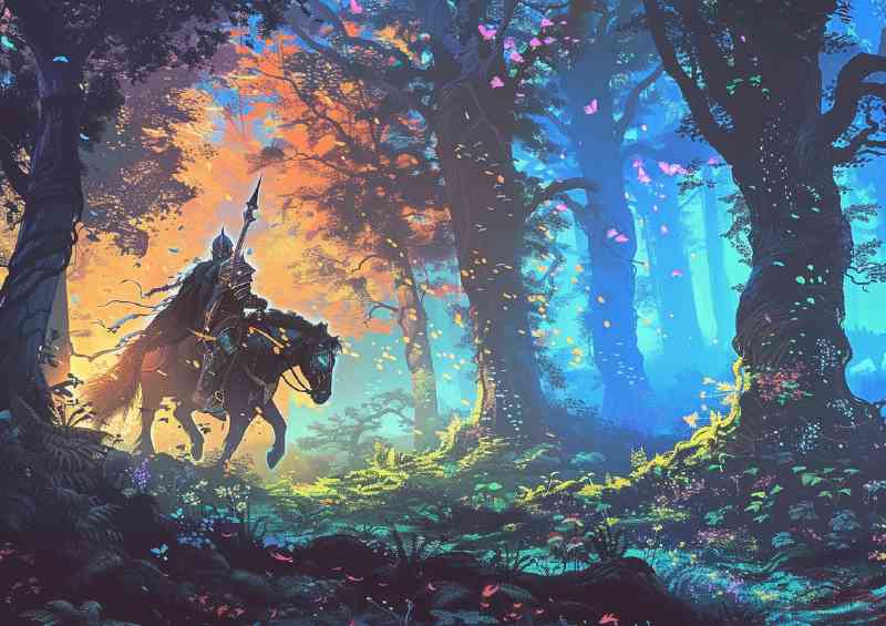 Knight on horseback riding through an enchanted forest