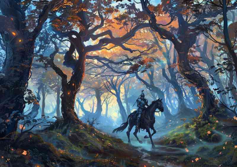 Knight riding through an enchanted wooded forest