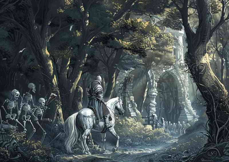 Knight shining armor rides on the back of his white horse