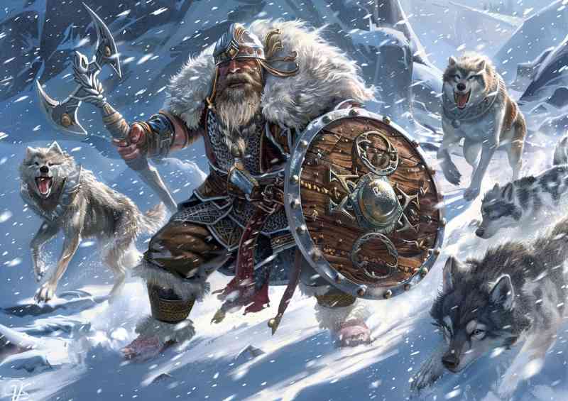 Norse Dwarf with a sword and pack of Wolfs