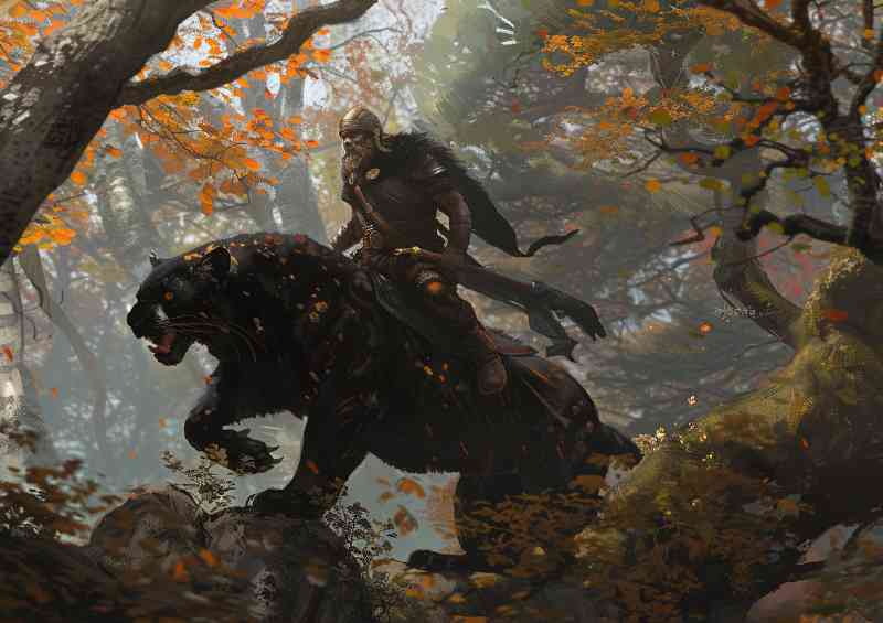 Viking Riding the Black Panther through the forest