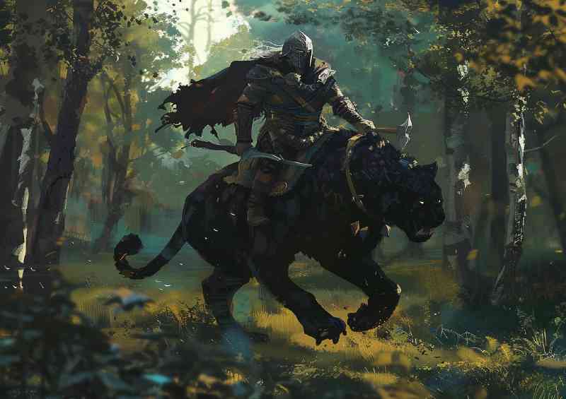 Viking riding of a black Panther in a forest