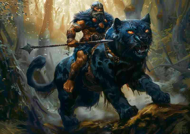 Viking riding on the back of a black Panther