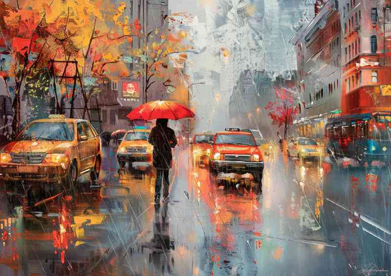 City street rainy day with cabs