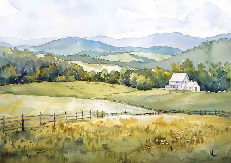 Farm in the distance rolling hills