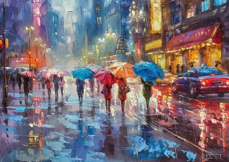 Rainy city street people with umbrellas