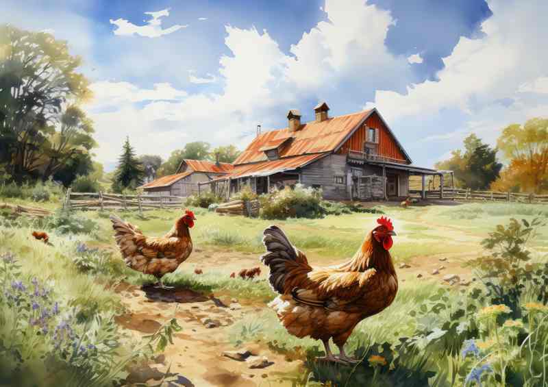 Country Morning Classic Chickens Farmyard Scene
