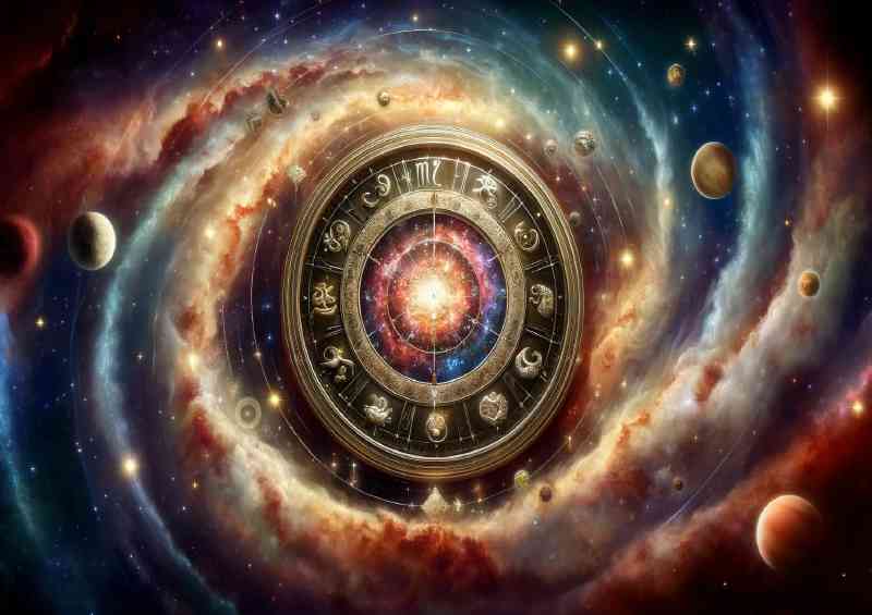 Grand celestial Clock its face intricately adorned with zodiac symbols