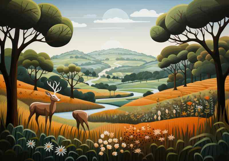 Deer On the Hilside With A River