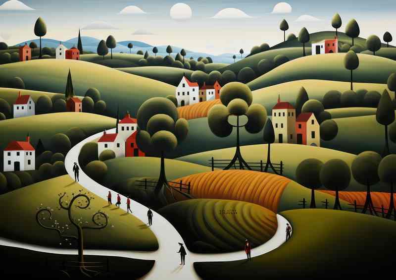Dreamy Village Landscape With Rollinh Hills