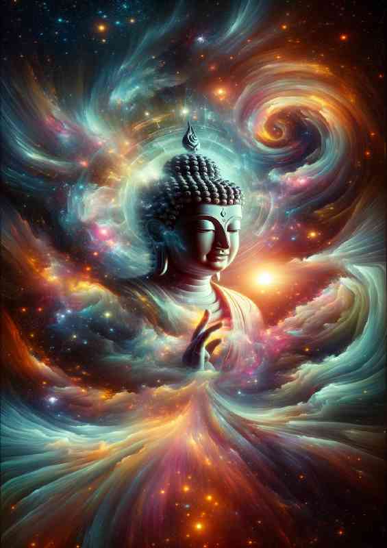 serene Buddha figure surrounded by a swirl of galactic energy