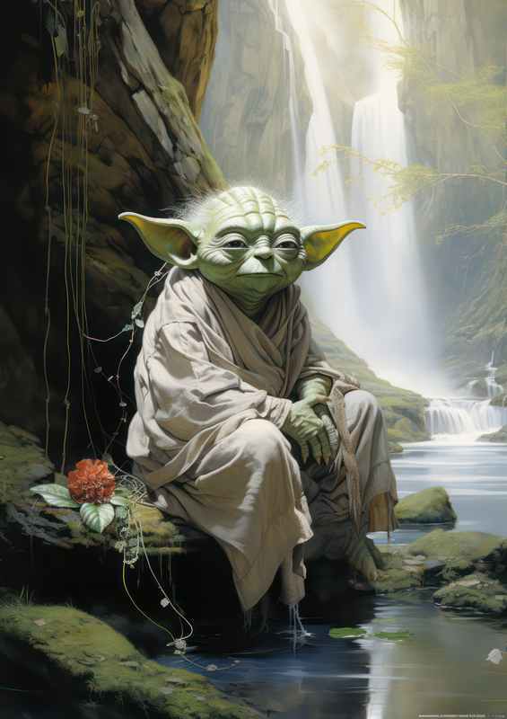 Yoda sitting by the river looking at the water
