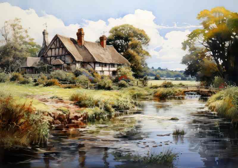 English Charm Picturesque Watercolour Riverside Cottage