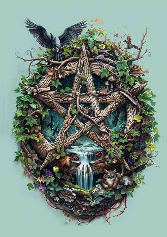 Wiccan Pentacle wood vines and doves