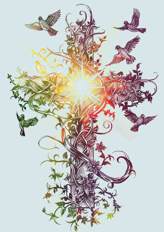 A cross made of vines and flowers with doves flying