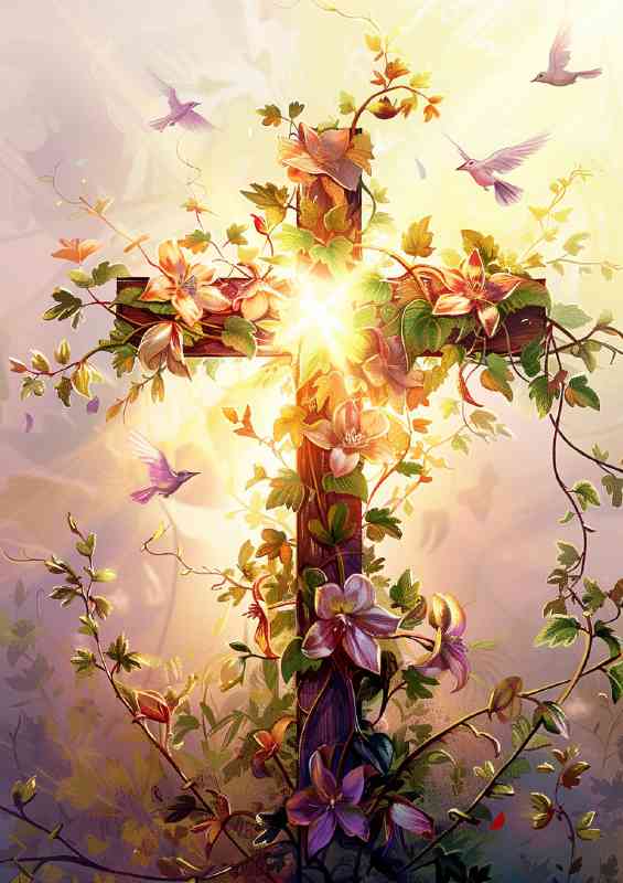 A cross made of vines and flowers with the sun shining