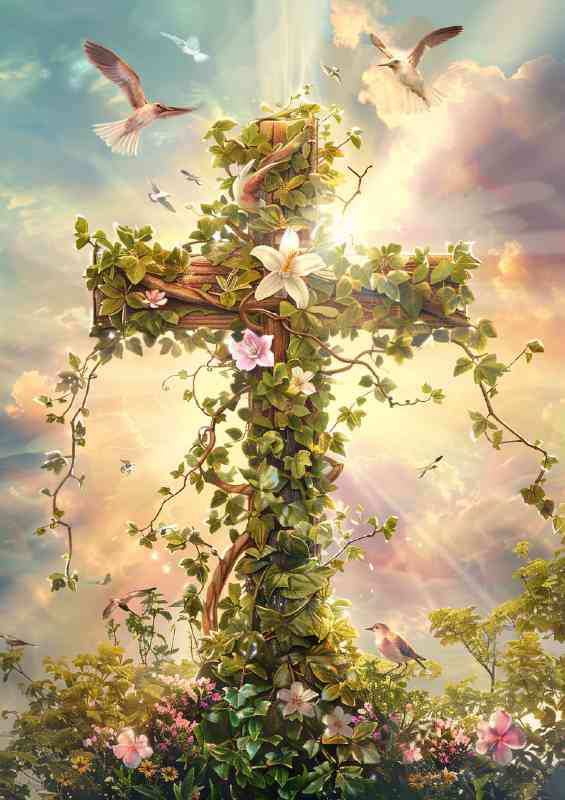 A cross made with flowers and the sun | Metal Poster