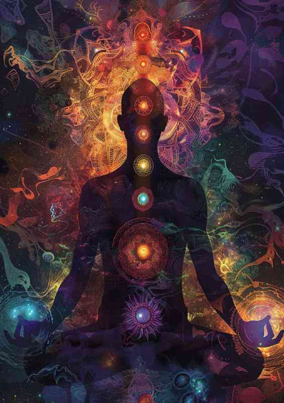 A man meditating surrounded by chakras