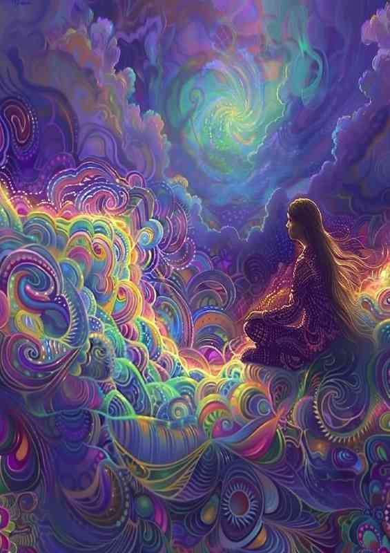 A painting of a woman with long hair sitting on the clouds