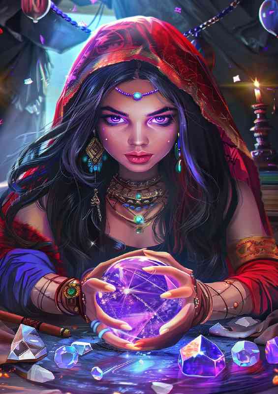 Beautiful fortune teller with long black hair