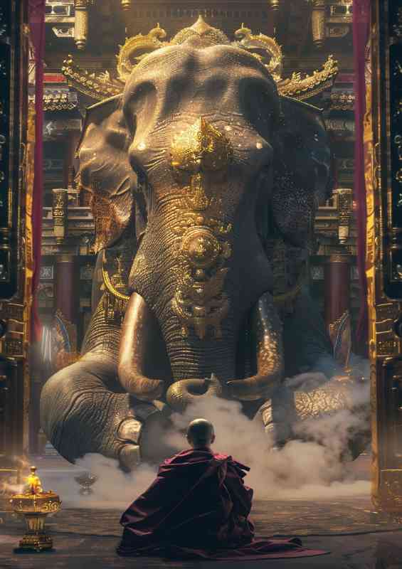 Chinese monk sits in front of an elephant | Metal Poster