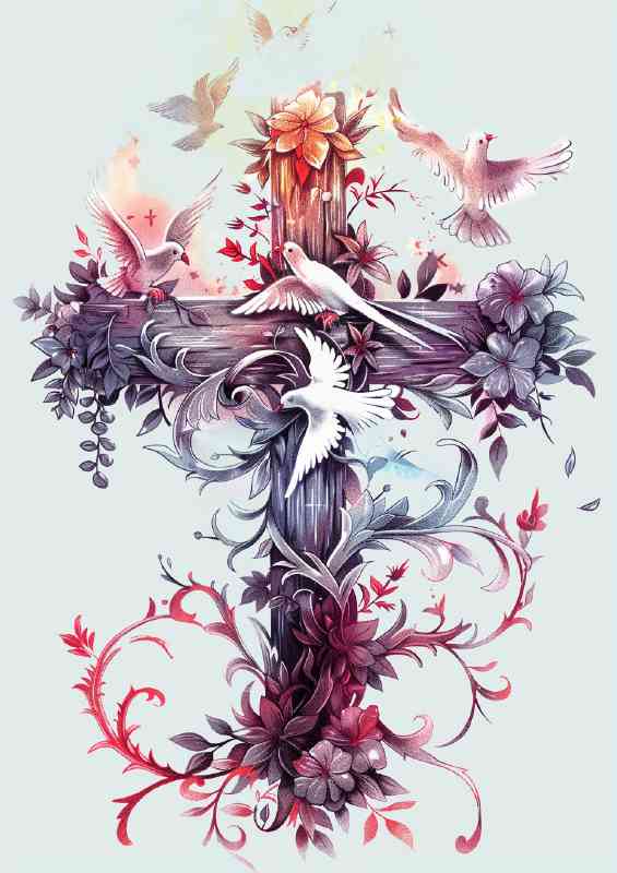Cross made of flowers with doves flying