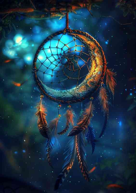 Dream catcher with feathers in it and a moon