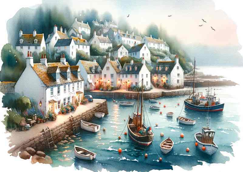Seaside Village Watercolour Metal Poster