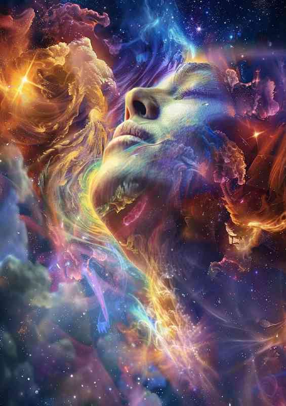 Enlightened soul hanging on clouds in outer space
