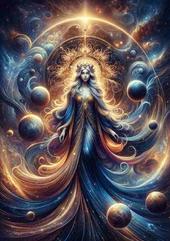 Goddess with flowing robes colored in deep blue and gold