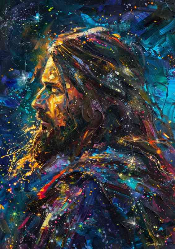 Jesus picture with his back at night with stars
