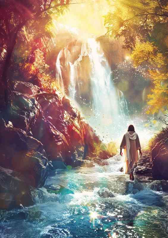Jesus walks through the stream with a waterfall
