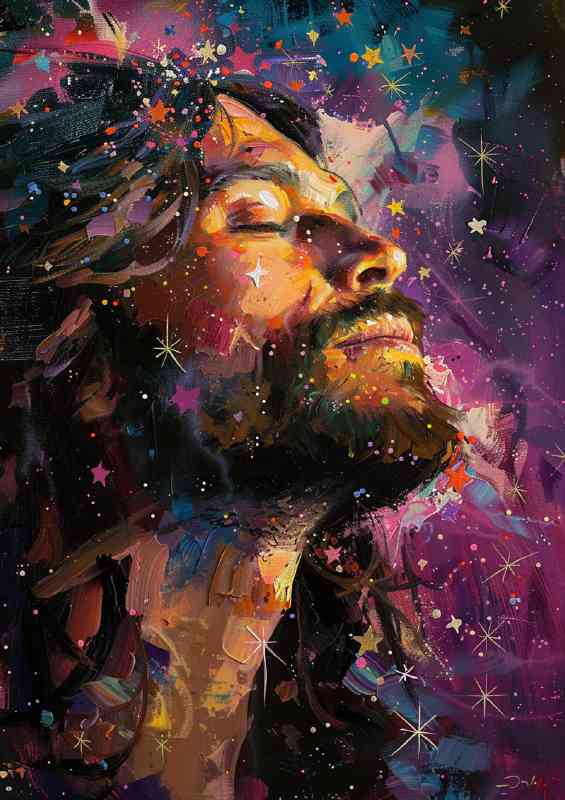 Painting of jesus with a starry night