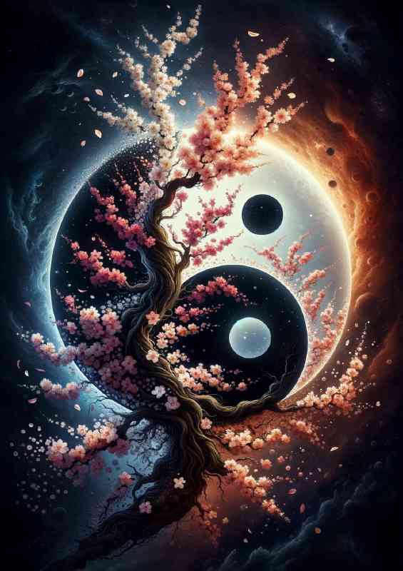 Yin and Yang symbol composed of an intricate dance of flowering trees